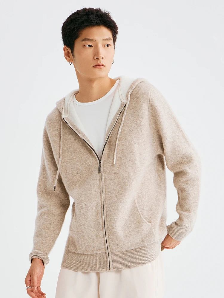 High Quality Autumn Winter Men Hooded Cashmere Sweater Long Sleeve Casual Loose 100% Merino Wool Cardigan Knitwear Clothing Tops