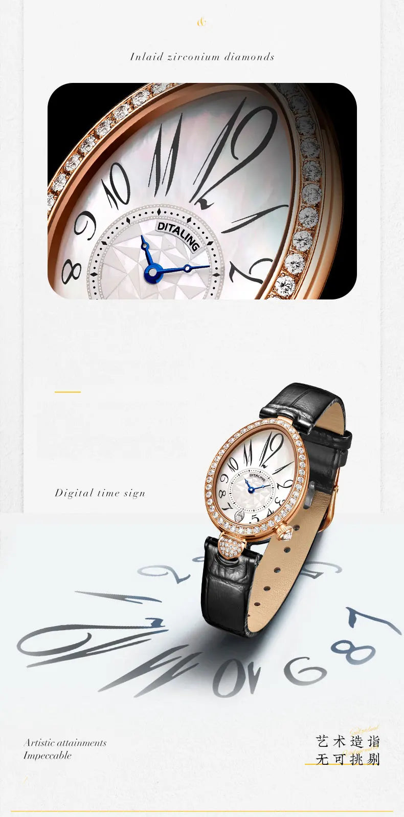 DITALING Women Luxury Watch Ladies Watches Vintage Quartz Wristwatch 30M Waterproof Skeleton Water Drop Shape Case Crystal Bezel