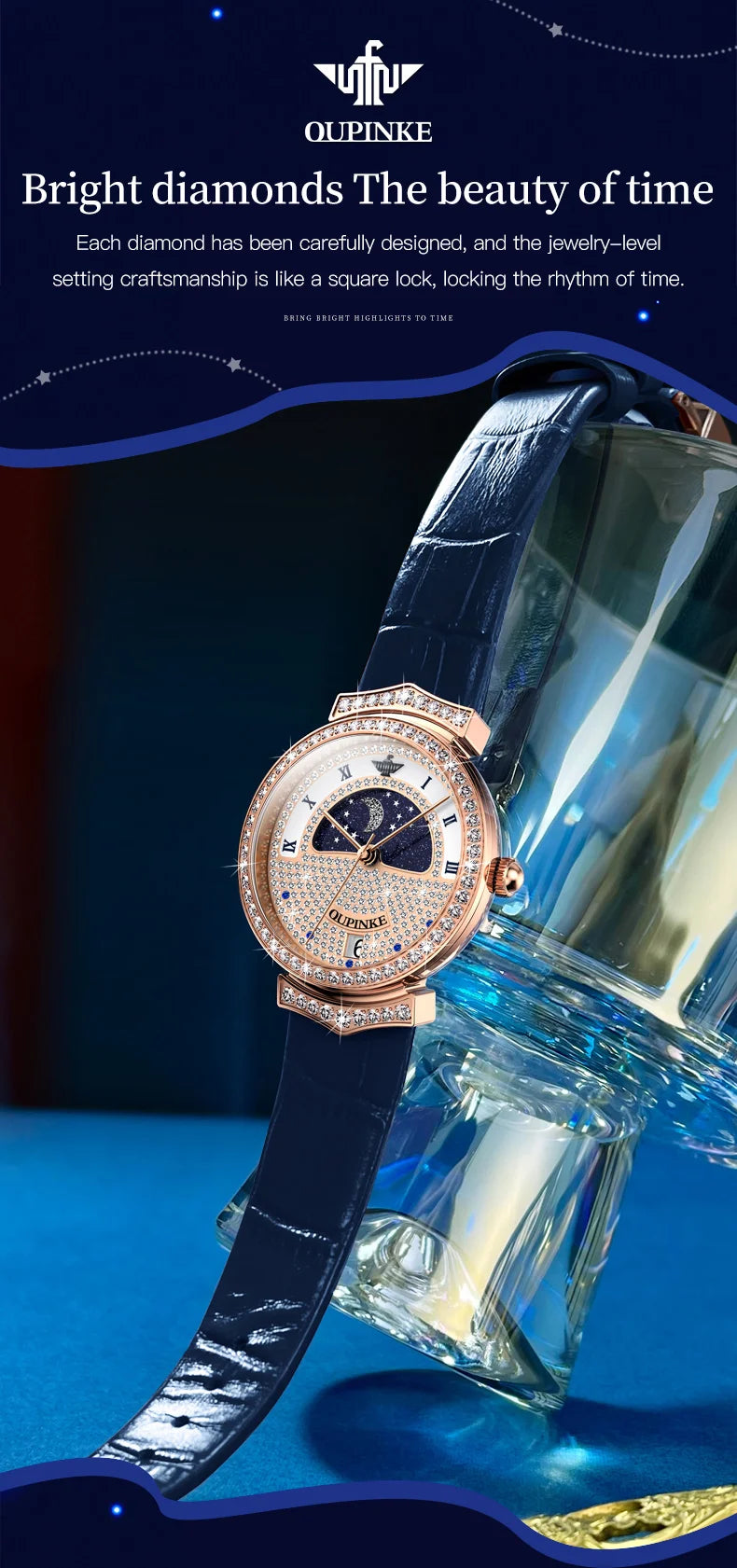 OUPINKE Original Women Watch Ladies Analog Quartz Diamond Wristwatch Stainless Steel Moon Phase 5Bar Waterproof Luxur Brand 3216