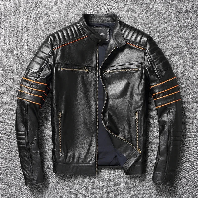 2023 New Skull Embroidery Men's First Layer Cowhide Leather Jacket Motorcycle Slim  Oversize Coat