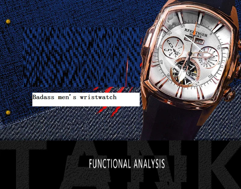 reef tiger brand men's fully automatic mechanical watch, business men's watch, personalized and fashionable men's sports watch