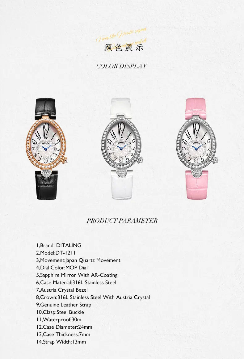 DITALING Women Luxury Watch Ladies Watches Vintage Quartz Wristwatch 30M Waterproof Skeleton Water Drop Shape Case Crystal Bezel