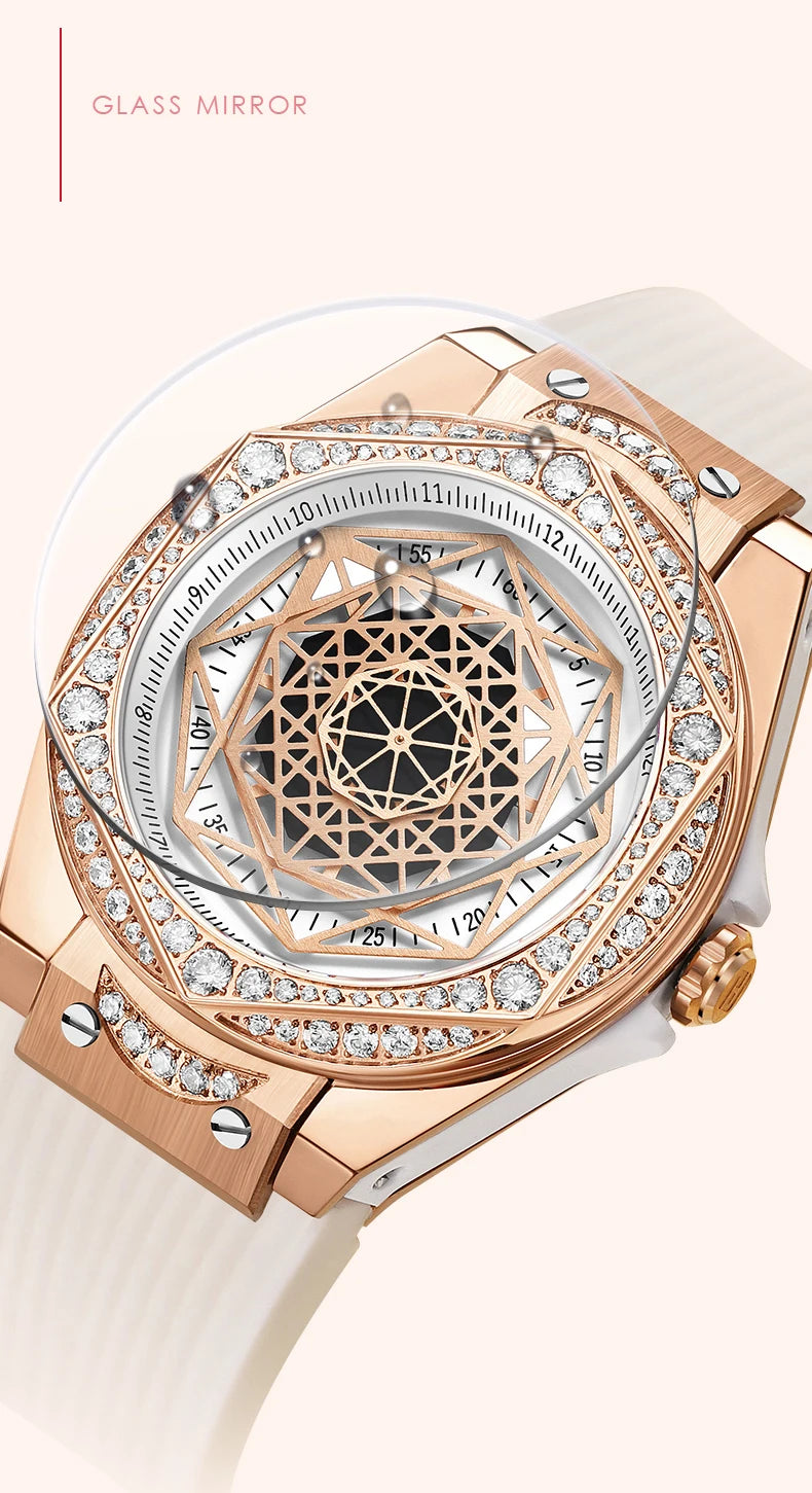 HANBORO Women Luxury Watch 36mm Ladies Quartz Wristwatch Luminous Waterproof Silicone Strap 112pcs Crystal