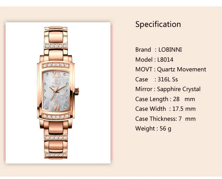 Switzerland Luxury Brand LOBINNI Ultra-thin Japan Quartz Women‘s Watches Fashion Diamond Relogio Feminino Waterproof Clock L8014