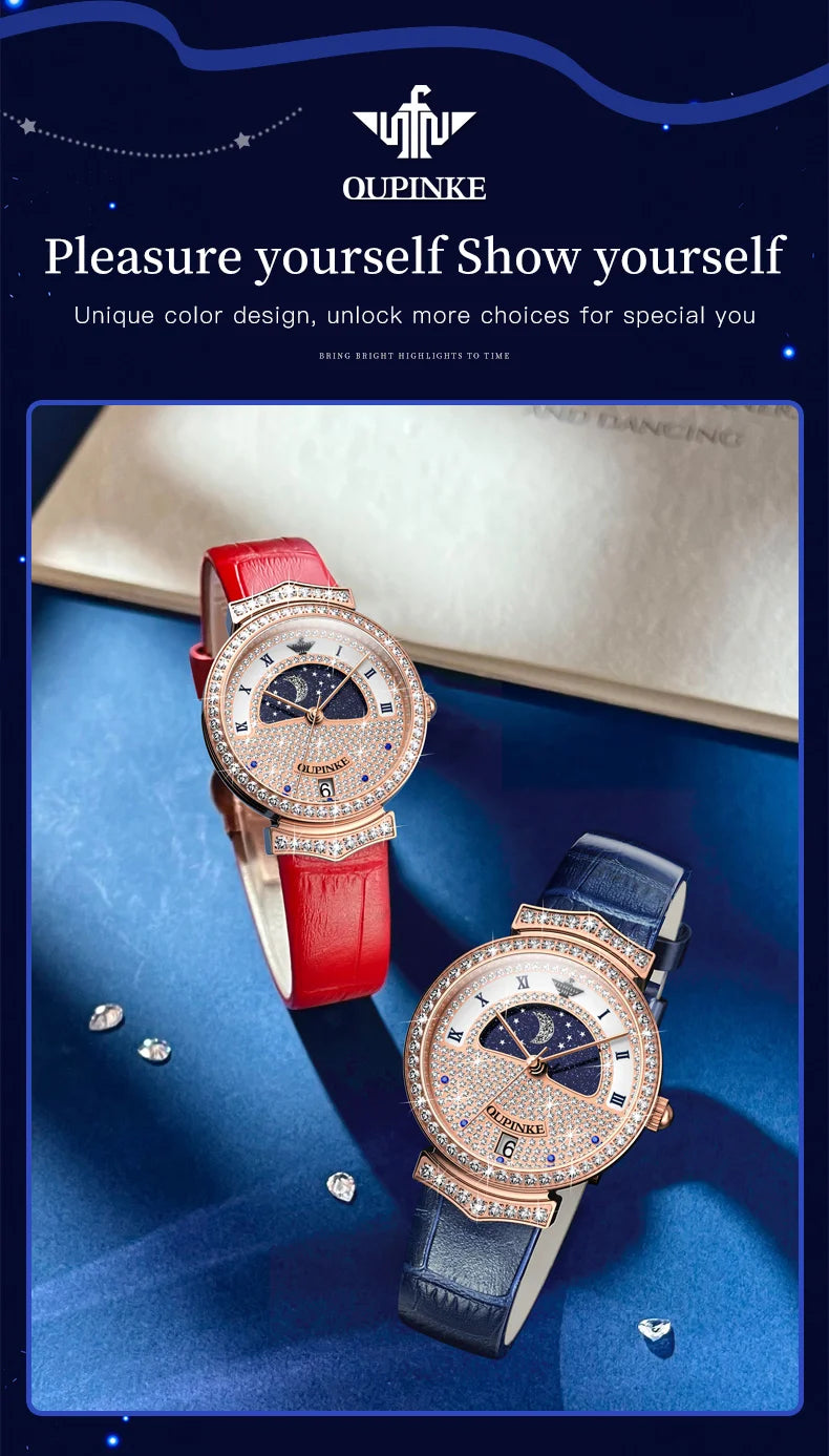 OUPINKE Original Women Watch Ladies Analog Quartz Diamond Wristwatch Stainless Steel Moon Phase 5Bar Waterproof Luxur Brand 3216