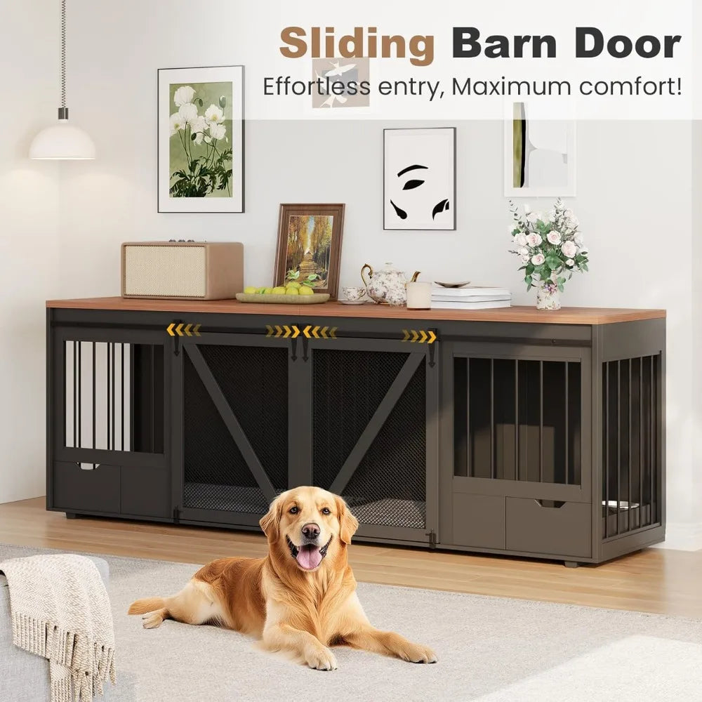 Double Dog Crate Furniture, 94.5-Inch Kennel with Detachable Bowl Drawers, Sliding Barn Door, and Divider