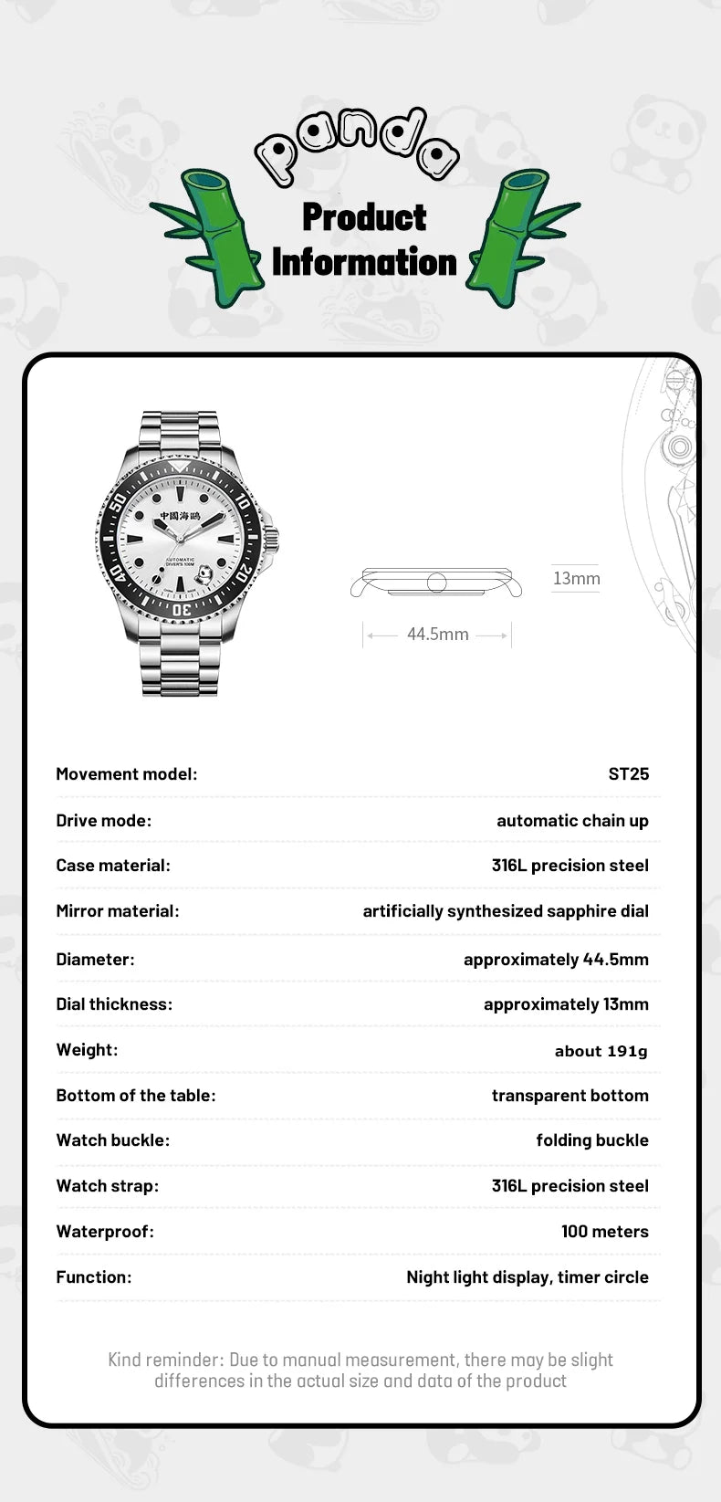 2025 Seagull Men's Watch Rolling Panda Design 100M Diving Watches Automatic Mechanical Wristwatch Sapphire Crystal Luminous Ocea