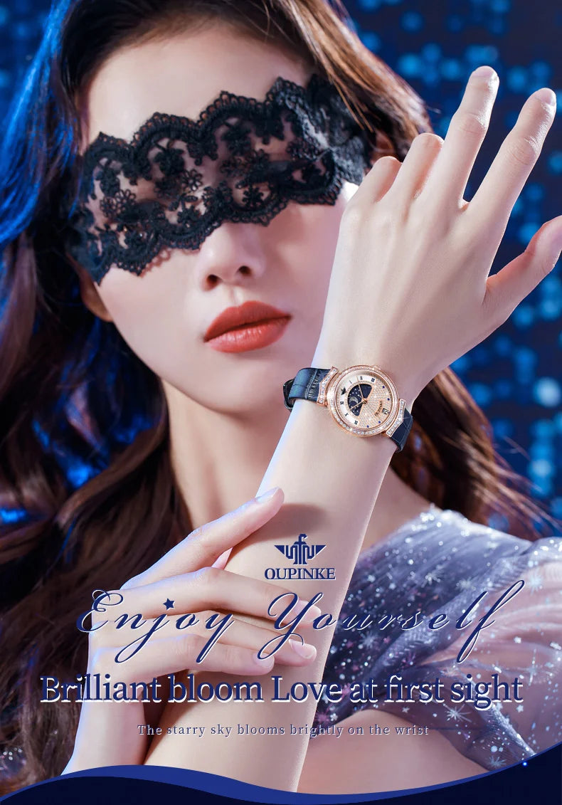 OUPINKE Original Women Watch Ladies Analog Quartz Diamond Wristwatch Stainless Steel Moon Phase 5Bar Waterproof Luxur Brand 3216
