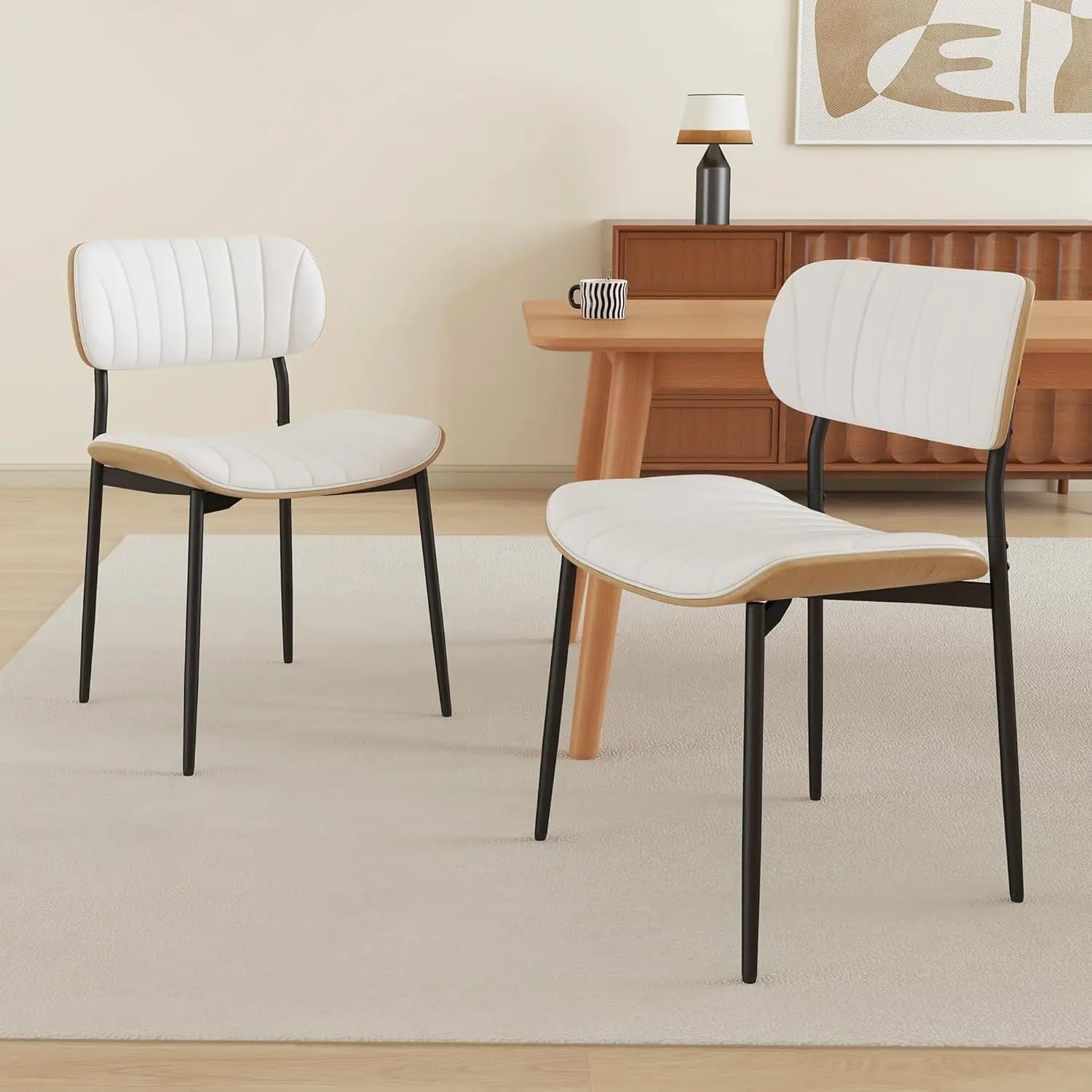 Modern PU Leather Dining Room Chairs Set of 6, Upholstered Kitchen Chairs with Walnut Bentwood Back and Metal Legs Adjustable