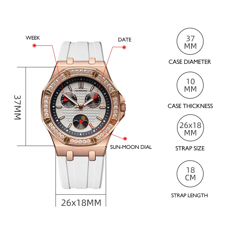 Hanbro Women Luxury Watch 37mm Ladies Vintage Quartz Wristwatch Luminous Waterproof Silicone Strap Week Date Triple Windows
