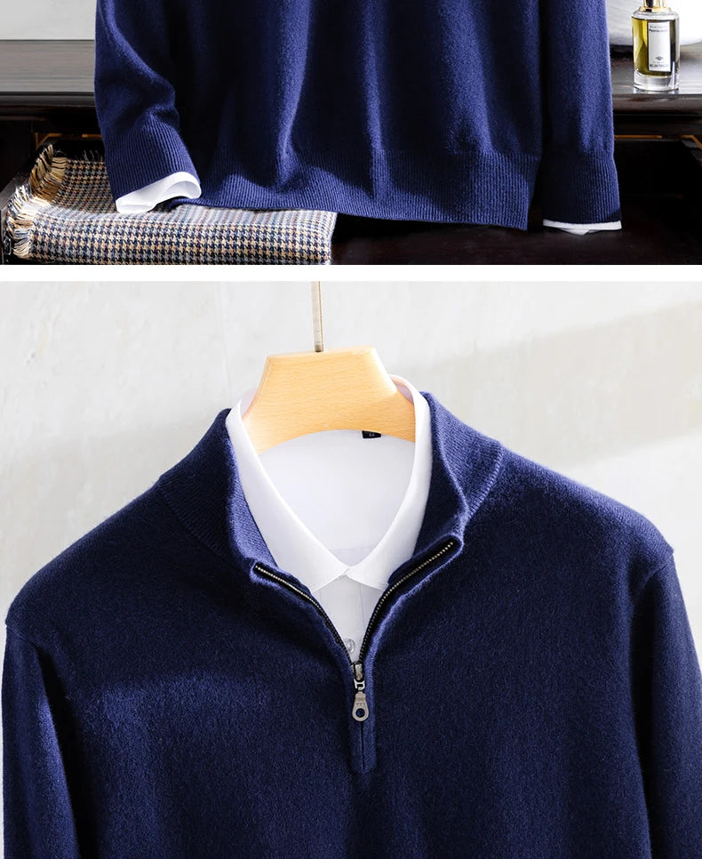 Class A 100% Pure Cashmere Men's Sweater Autumn Winter Semi Open Collar Zipper Pullover Sweater, Casual Business Men's Clothing