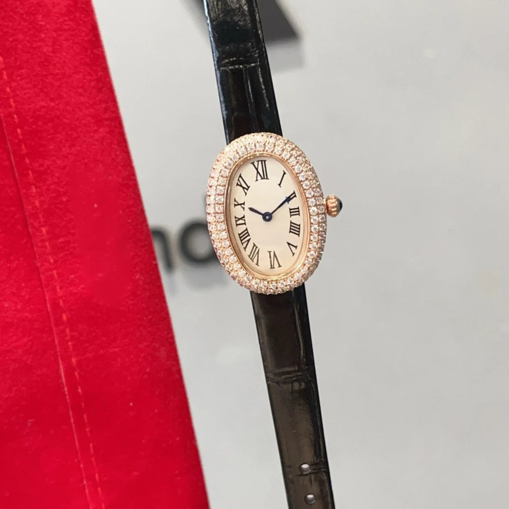 Brand Wrist Watches Woman Girl High Quality 23mm Diamond Oval Style Japanese Quartz Movement Leather Strap Clock CT80