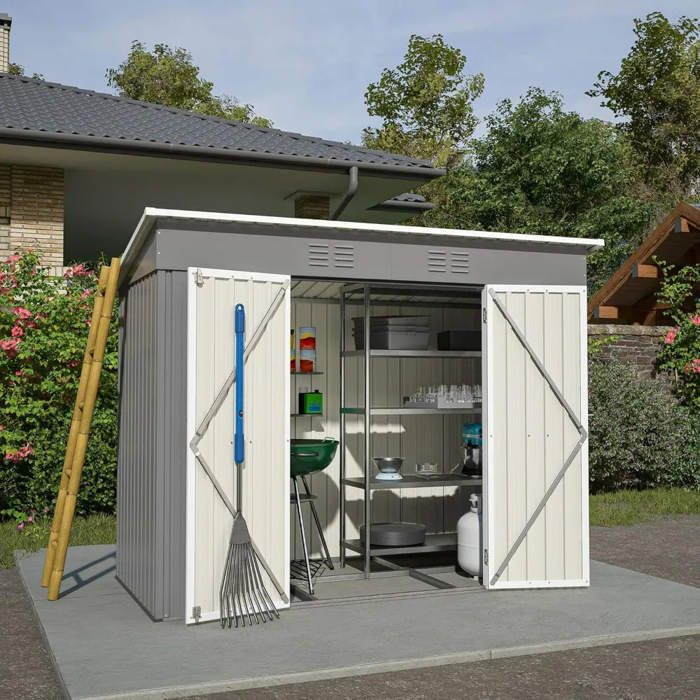 Outdoor Storage Shed - 4x8 Lean-to Design with Floor, Metal Construction, Lockable Door, and Air Vents for All-Weather Garden To