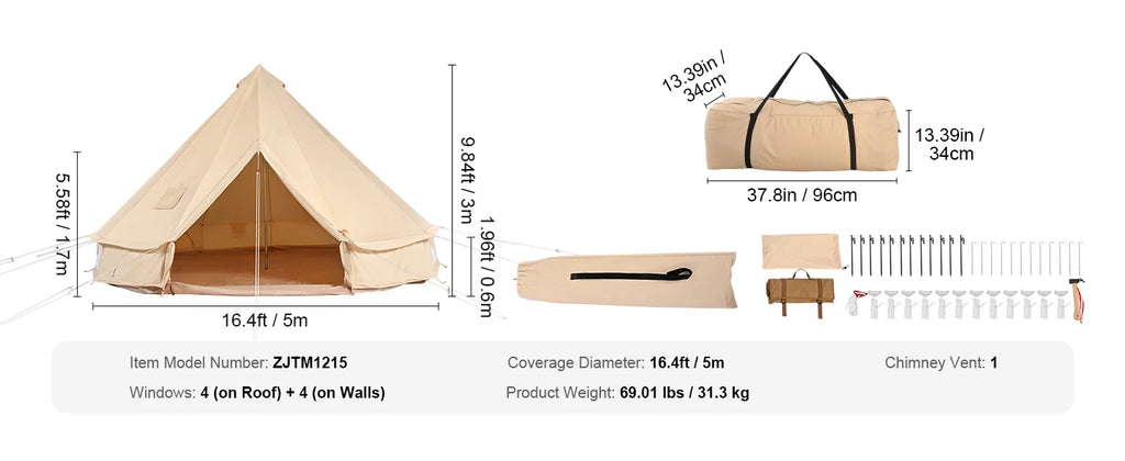 SucceBuy Canvas Bell Tent 4 Seasons 5m Yurt Tent Canvas Tent for Camping with Stove Breathable Tent Holds up to 8 People