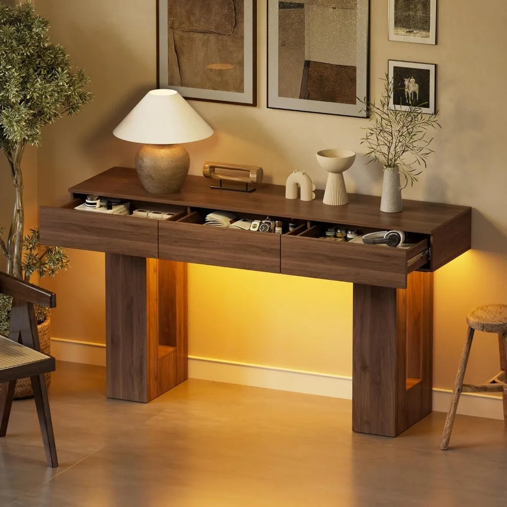 63-Inch Long Console Table with Colorful LED Lights and 3 Drawers, Wooden Rectangular Sofa Table Behind The Couch