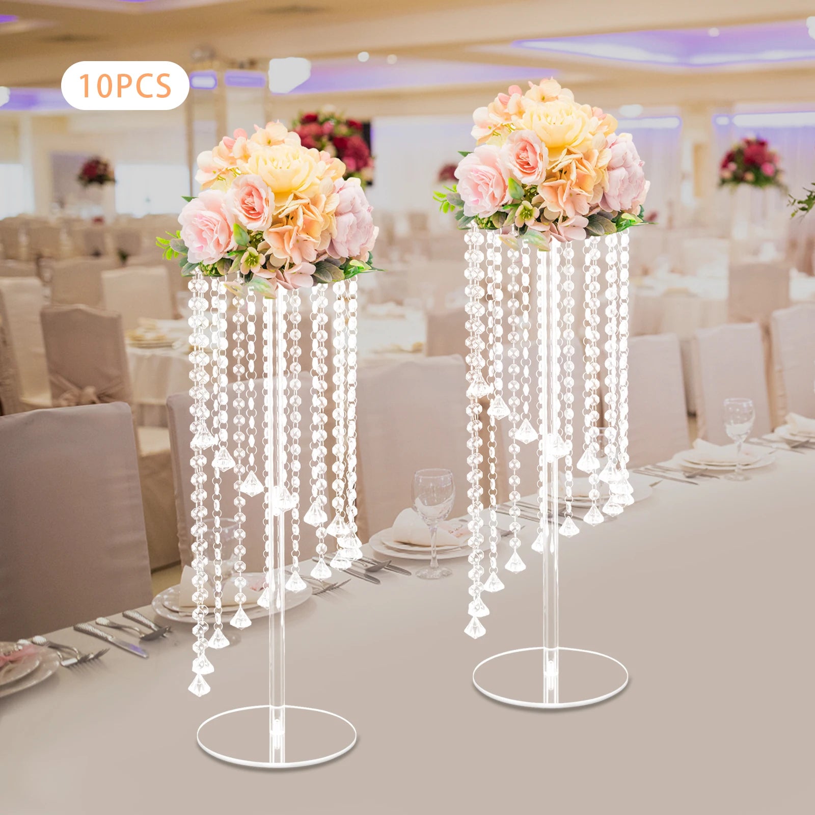 10Pcs Acrylic Crystal Flower Stand Clear Flower Vase 7.9*7.9*23.6in Hanging Beads Centerpieces Elegant Table Decor Flower Holder