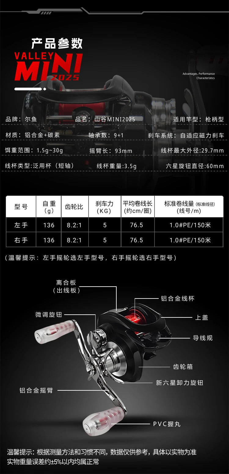 Valley Mini 2025 Baitcasting Reel with Magnetic Brake and 9+1 Bearings for River Fishing