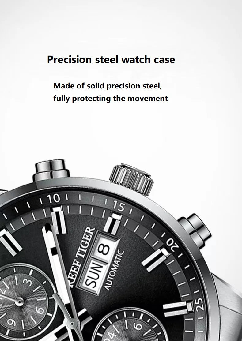 reef tiger Men's Mechanical Watch, Fully automatic multi-functional dual calendar business men's watch, waterproof men's timepie
