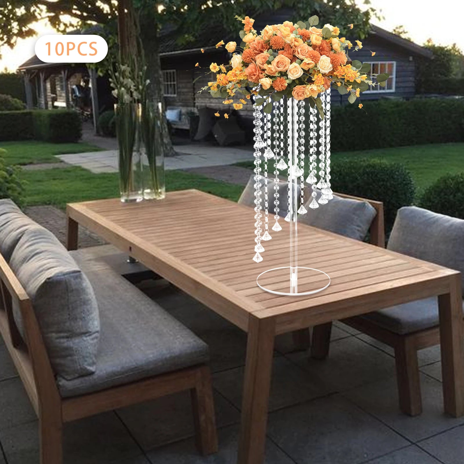 10Pcs Acrylic Crystal Flower Stand Clear Flower Vase 7.9*7.9*23.6in Hanging Beads Centerpieces Elegant Table Decor Flower Holder