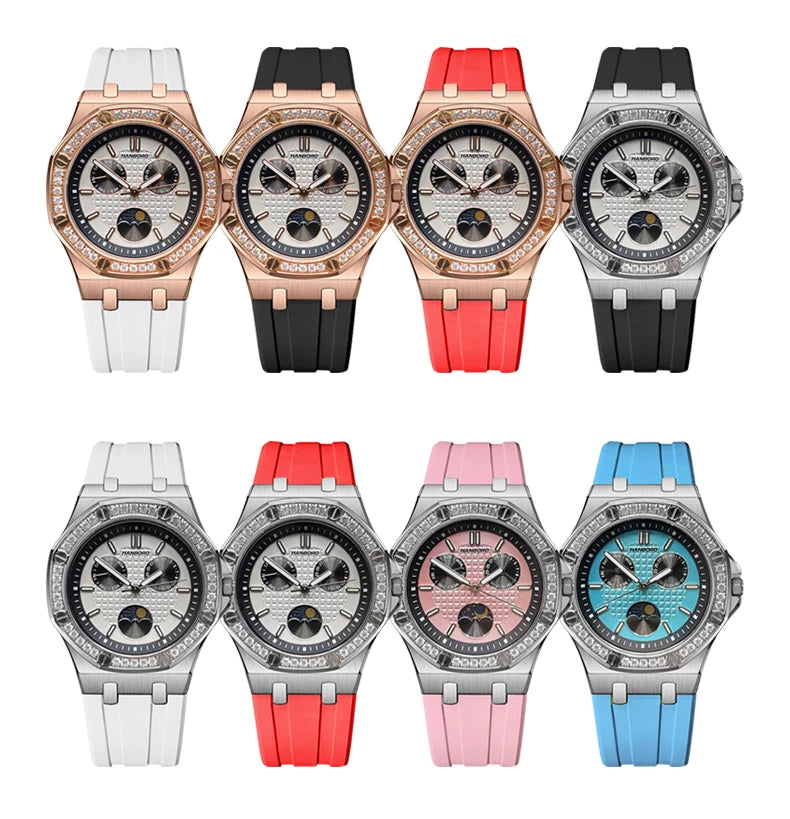 Hanbro Women Luxury Watch 37mm Ladies Vintage Quartz Wristwatch Luminous Waterproof Silicone Strap Week Date Triple Windows