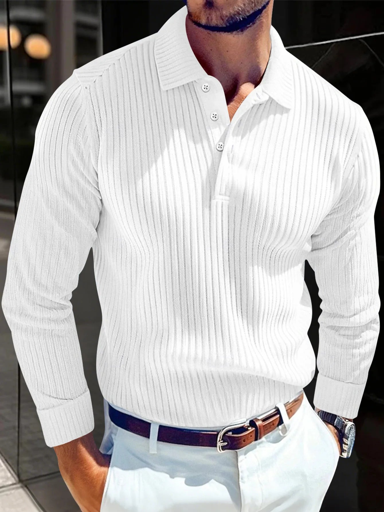2025 new arrive Men's T-shirt knitted lapel business button slim fit long sleeved polo shirt