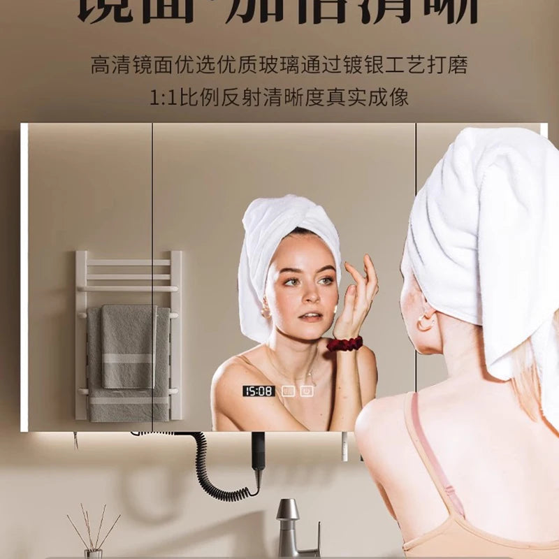 Nordic Luxury Smart Bathroom Mirror Cabinet Wall-mounted LED Light Anti-fog Bathroom Mirror Simple Bathroom Furniture FYBC