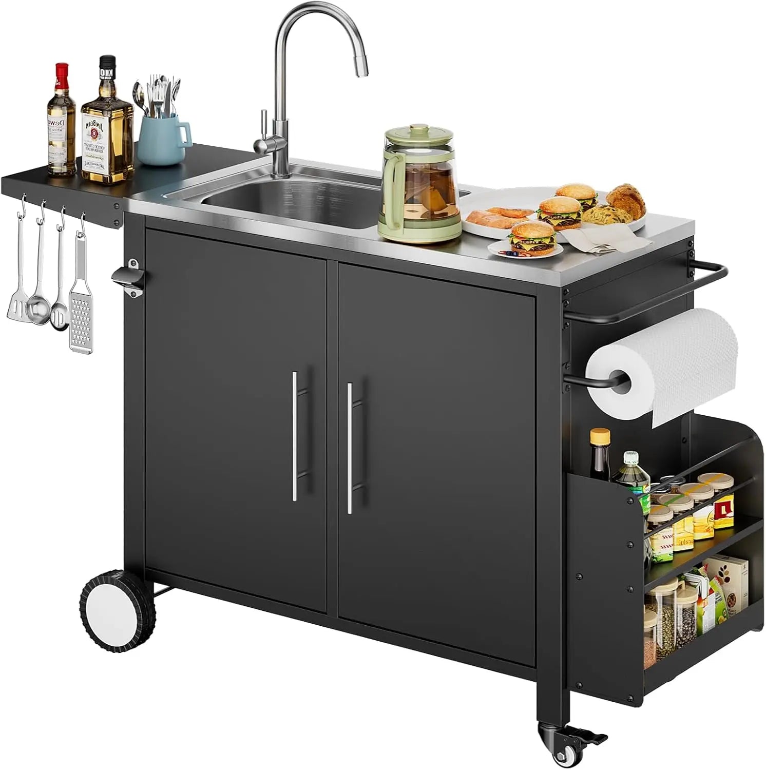 Outdoor Grill Cart with Storage,Movable Modular BBQ Cart,Waterproof Patio Kitchen Island with Hooks and Spice Rack