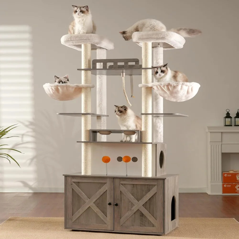 72-inch Tall Wooden Maine Coon Cat Tree with Litter Box Enclosure for Large Indoor Cats