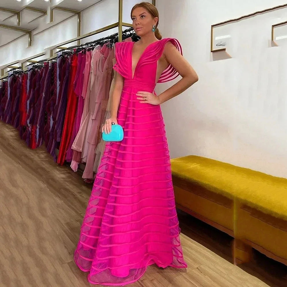 A-Line Fuchsia Formal Dresses Pleat Sleeveless Prom Gown for Woman Deep V-Neck Wedding Party Dress robe de bal Customized