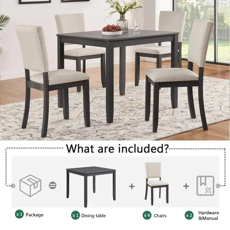 Modern 5-Piece Wooden Dining Table Set for 4, Includes 4 Chairs, Ideal for Living Room, Kitchen, and Dining Room, Antique Black