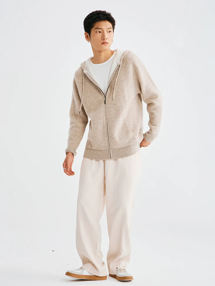 High Quality Autumn Winter Men Hooded Cashmere Sweater Long Sleeve Casual Loose 100% Merino Wool Cardigan Knitwear Clothing Tops