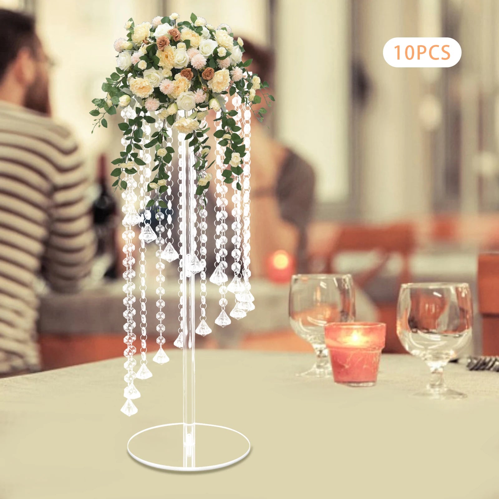 10Pcs Acrylic Crystal Flower Stand Clear Flower Vase 7.9*7.9*23.6in Hanging Beads Centerpieces Elegant Table Decor Flower Holder