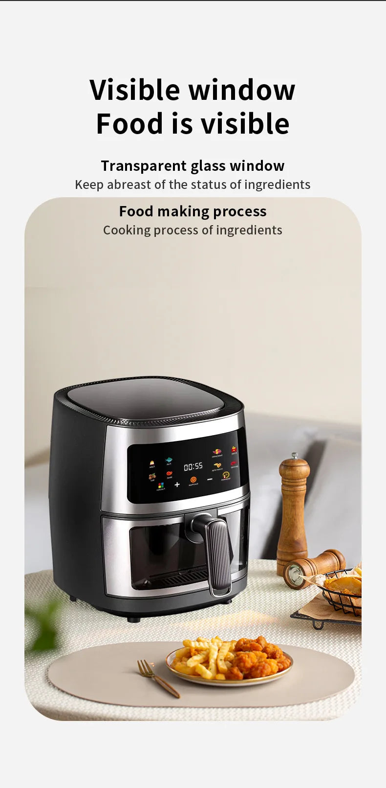 Multifunction Visible Air Fryer Stainless Steel Shell 8L Thermal Cycle Oil-free Non-Stick Touch Screen Electric Frying Oven