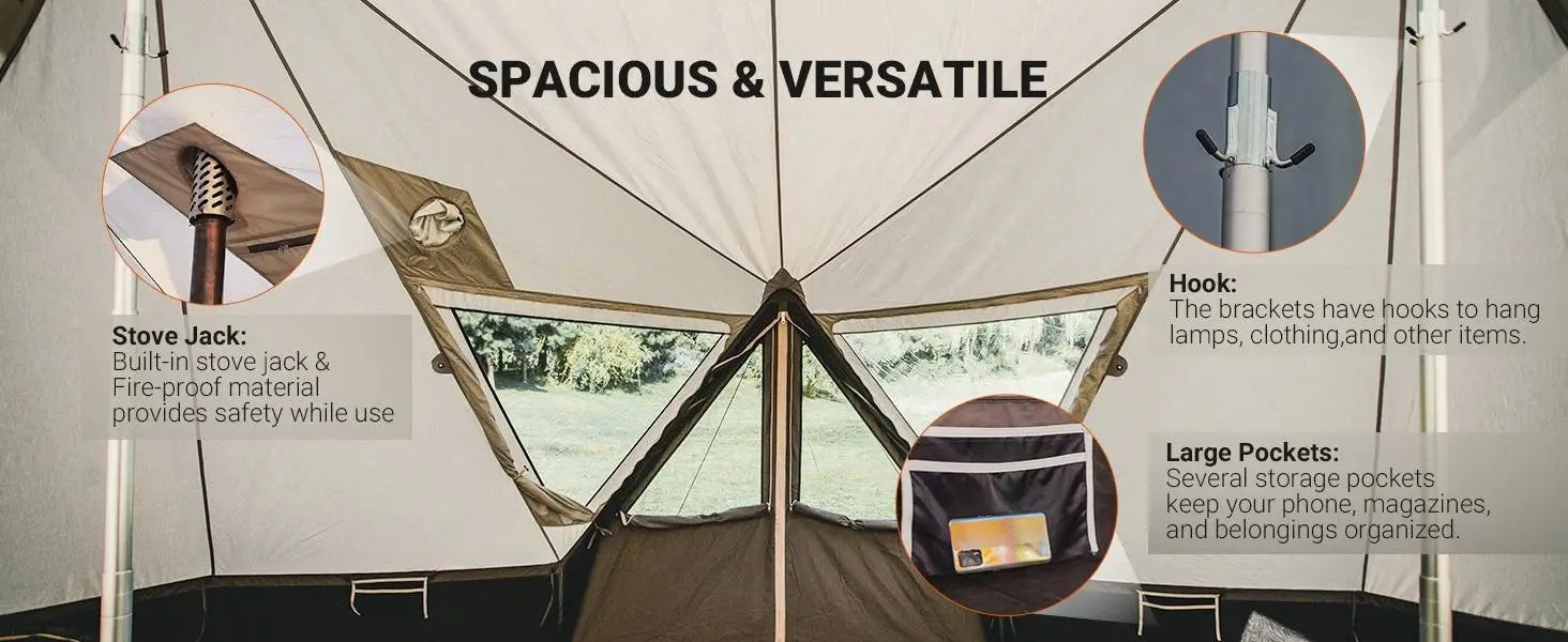 YC-Canvas Bell Yurt Tents, 4 Seasons Large Waterproof & Windproof Luxury Glamping Tent w/Stove Jack for Family Outdoor Camping,