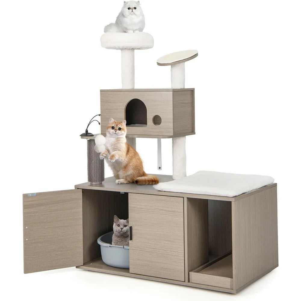 2-in-1 Cat Tree Tower with Litter Box Enclosure Multi-Level Cat Condo Plush Scratching Board Self Grooming Tools Safe Design