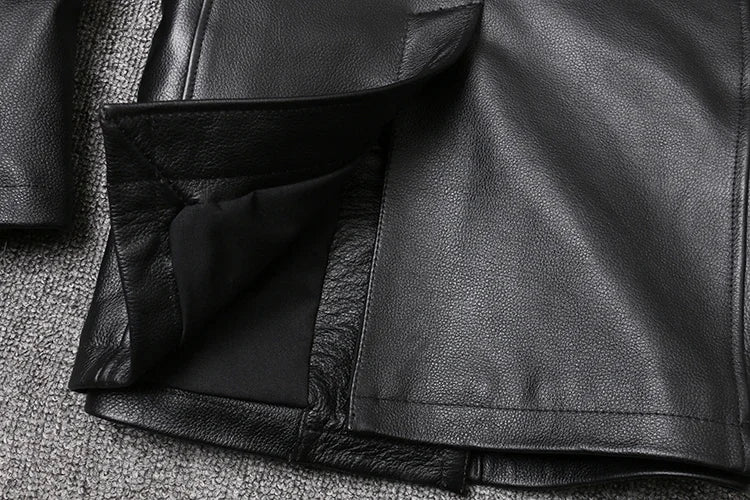 Genuine Leather Jacket Men's Top Layer Cowhide Jacket Mid-Length Men's Lapel Windbreaker Slim-Fit Jacket Double-Breasted