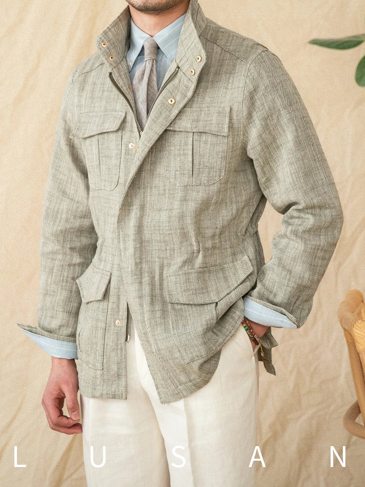 Cotton and Linen Vertical Collar Tight Waist M65 Hunting Jacket Retro All-match Spring and Summer Lightweight Casual Jacket