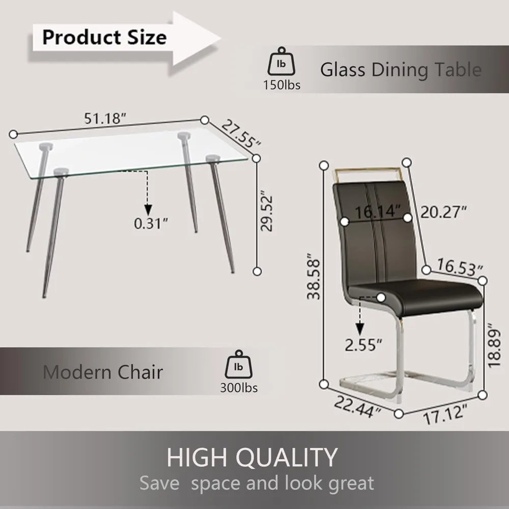 Glass Dining Table Set for 4, Modern Rectangle Dining Table Set for 4, Glass Kitchen Table and Chairs Set for 4 Suitable Living