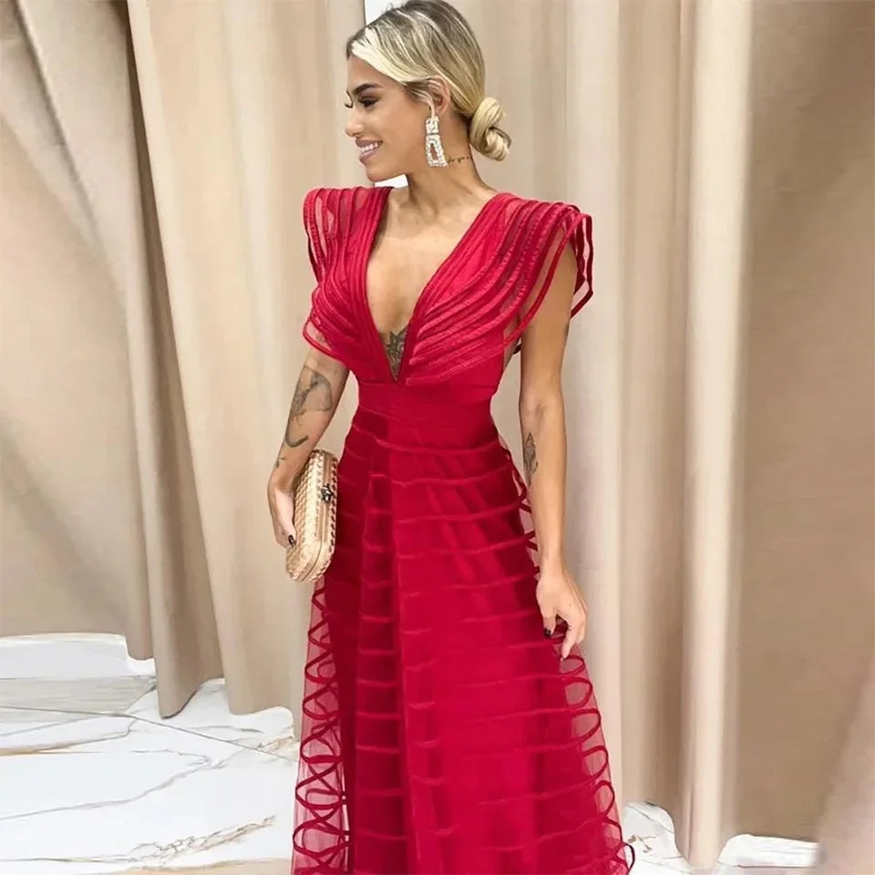 A-Line Fuchsia Formal Dresses Pleat Sleeveless Prom Gown for Woman Deep V-Neck Wedding Party Dress robe de bal Customized