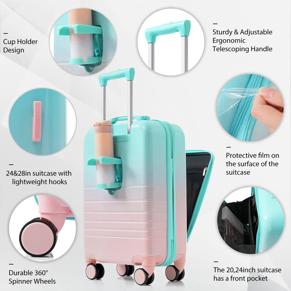 USB Port 20 24inch Front Opening Design Airline Certified Carry on Luggage ABS+PC Hard Shell Luggage with Spinner Wheels