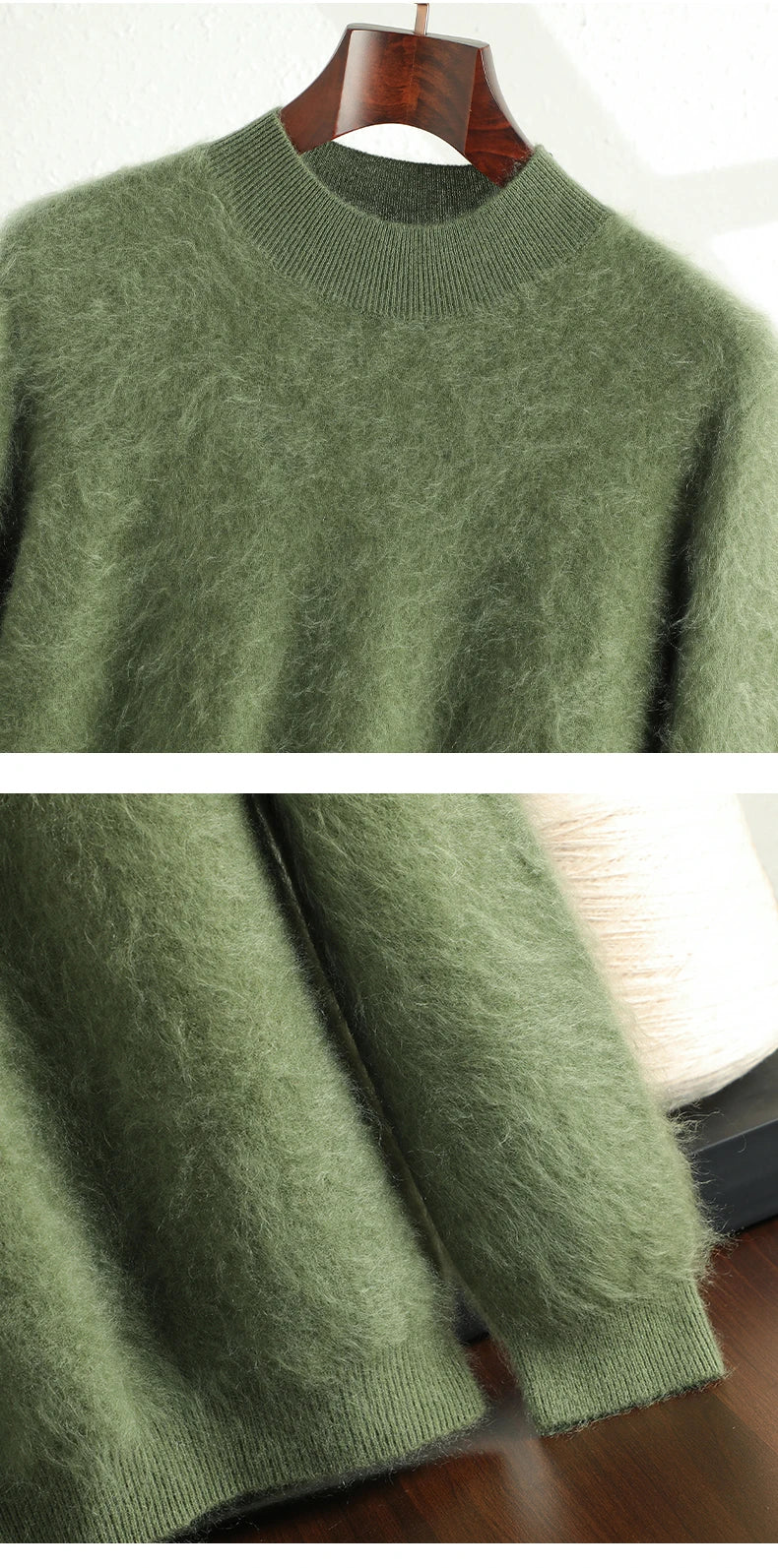 2024 Men 100% Plush Cashmere Sweaters Mock Neck Basic Pullovers Long Fluff Pure Brushing Cashmere Half High Collar Jumper Winter