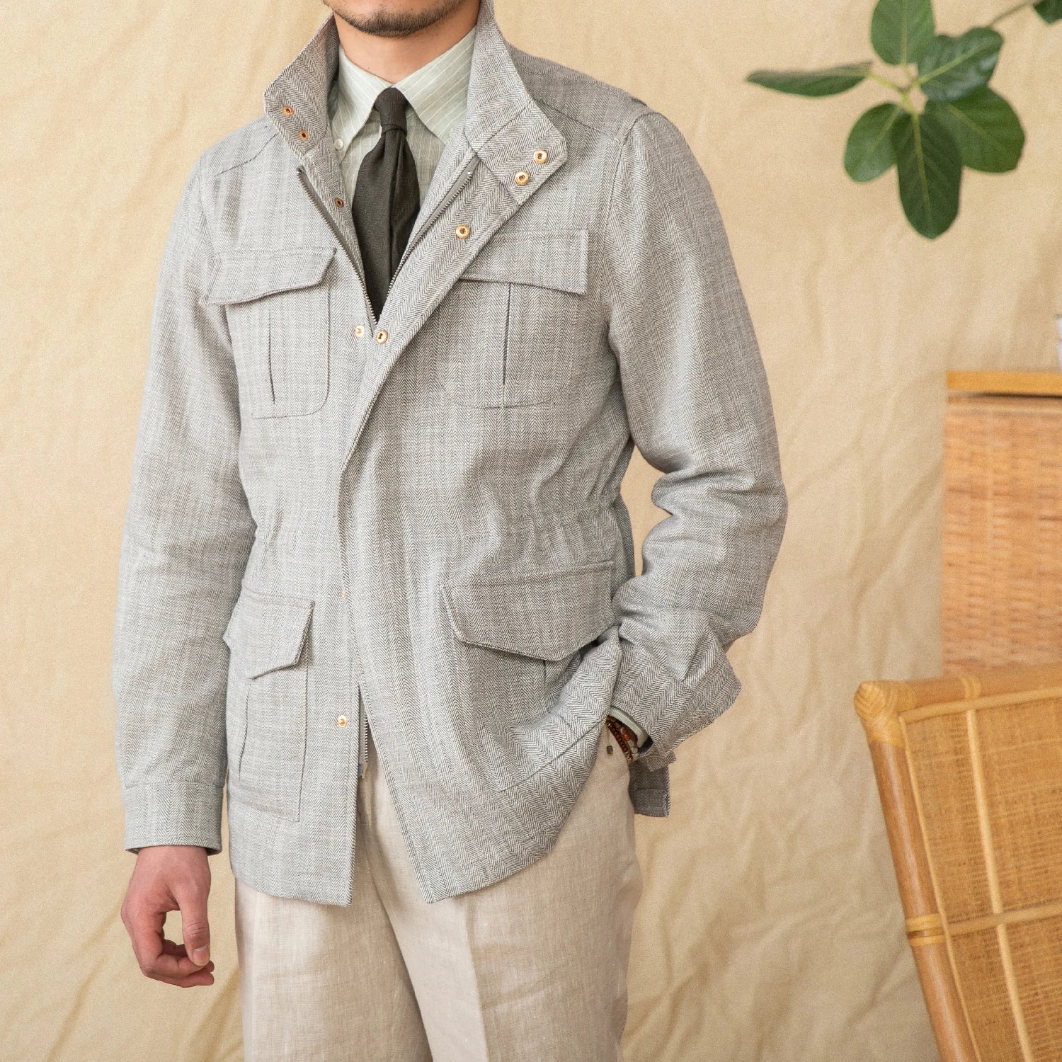 Cotton and Linen Vertical Collar Tight Waist M65 Hunting Jacket Retro All-match Spring and Summer Lightweight Casual Jacket