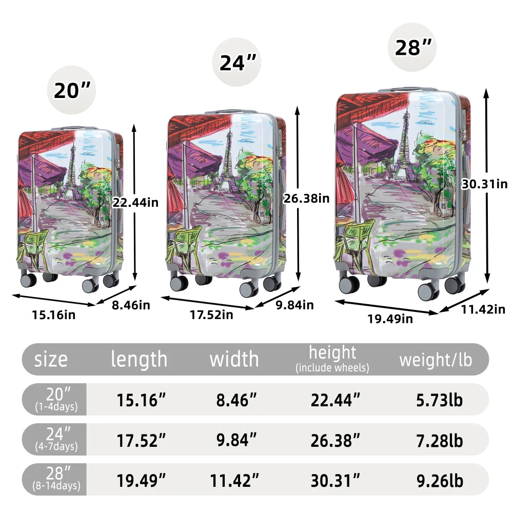 20"/24"/28" 3 pcs/set in PC Spinner Wheel Luggage, Carry on Suitcase, With Printed pattern and Combination Lock