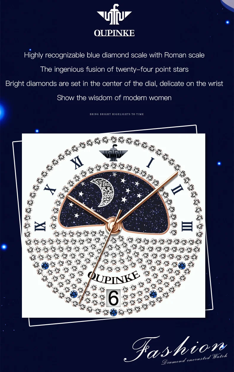 OUPINKE Original Women Watch Ladies Analog Quartz Diamond Wristwatch Stainless Steel Moon Phase 5Bar Waterproof Luxur Brand 3216