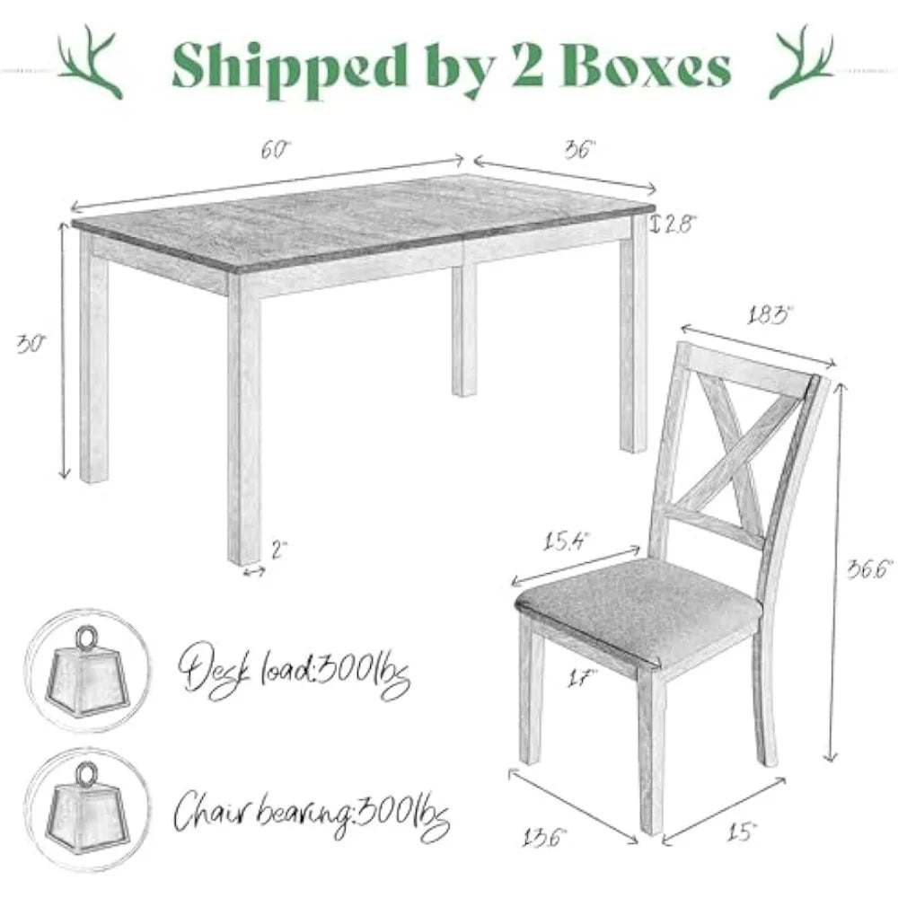 7-Piece Farmhouse Solid Wood Dining Table Set with 6 Upholstered Chairs, 60" Space Saving Dinner Table & Chairs