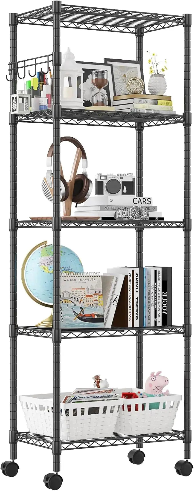 Heavy-Duty 5-Level Wire Shelving Unit with Adjustable Racks, Mobile Storage on Wheels