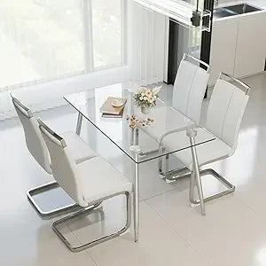 Glass Dining Table Set for 4, Modern Rectangle Dining Table Set for 4, Glass Kitchen Table and Chairs Set for 4 Suitable Living