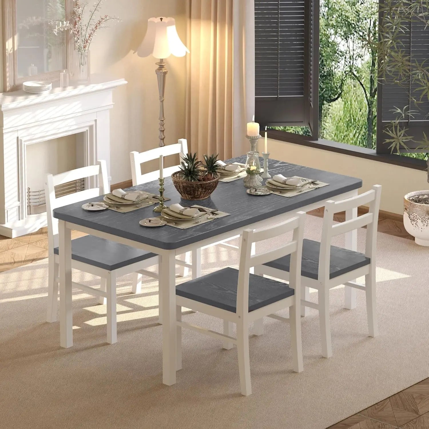 Solid Wood Dining Table Set for 4, Farmhouse Rectangular Table and 4 Chairs Set for Kitchen, Living Room, Breakfast Nook