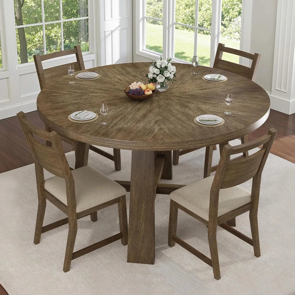 Round Solid Wood Dining Table Set for 4, 5-Piece Mid-Century Kitchen & Dining Room Furniture with Padded Chairs, Space