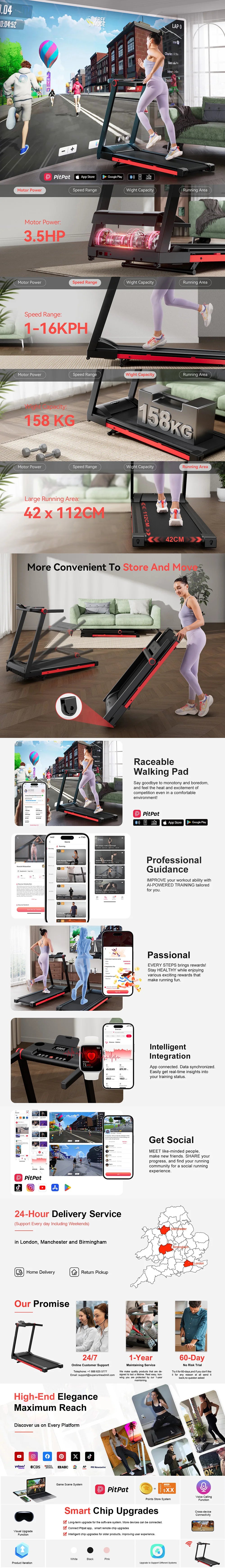 3.5HP Foldable Incline Home Treadmill Walking Pad with Handle Bar Holder 350LBS Capacity Touch Screen Smart App Data Monitoring